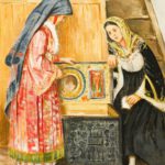 Two women examine an ornate chest with religious icons.