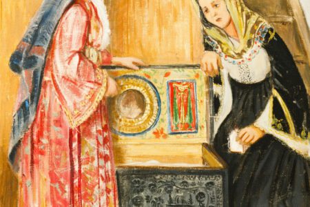 Two women examine an ornate chest with religious icons.