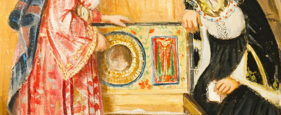 Two women examine an ornate chest with religious icons.